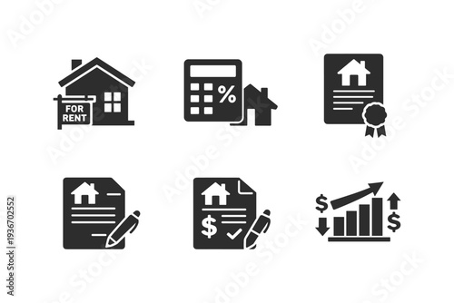 Real estate icons for property management, finance, and investment