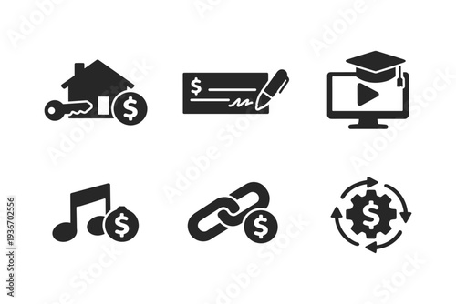 Set of six financial and business icons representing different investment opportunities and processes