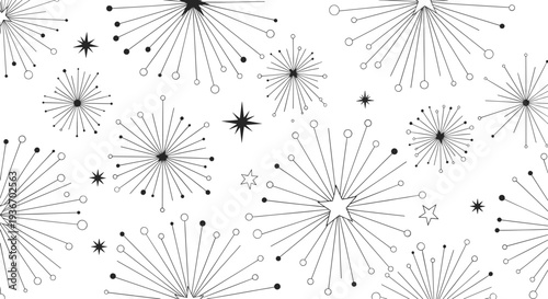 Abstract pattern of stylized black stars and exploding lines on a white background creating a festive and energetic atmosphere.