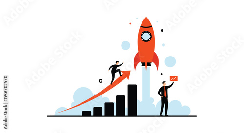 Business professionals launching a rocket while walking up a growth bar chart representing startup success and rapid development.