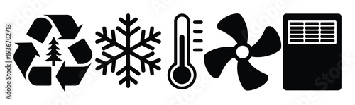 Representing recycling, snowflake, thermometer, fan, and air conditioner