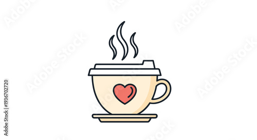 Warm cup of coffee with a red heart on it and rising steam on a saucer representing love for hot beverages and morning routines.