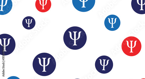 Seamless pattern featuring the greek letter psi the symbol of psychology in blue and red circles for academic or mental health themes.