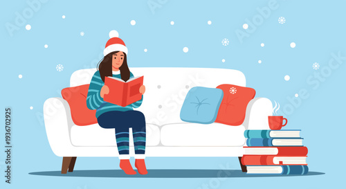 Cozy winter scene of a woman reading a book on a white sofa with snowflakes falling and a stack of books nearby for warm vibes.