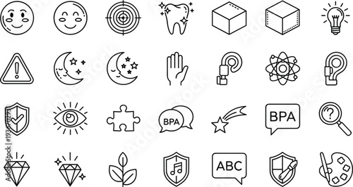 Assorted outline icon set smiley moon shield diamond science puzzle vector symbols collection