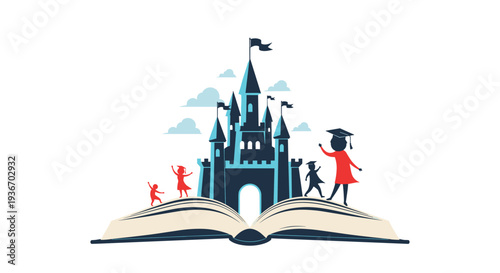 Majestic castle rising from the pages of an open book with students in graduation caps representing the power of education and goals.