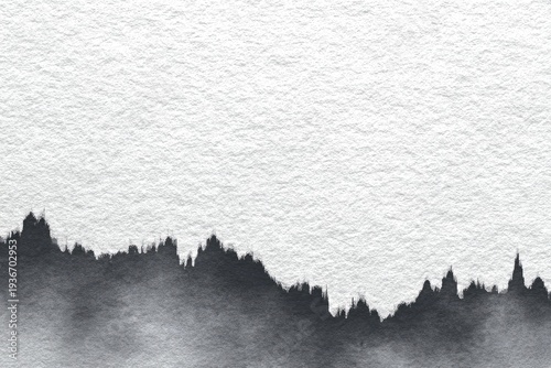 Abstract ink wash landscape with textured paper, featuring dark silhouette below white space