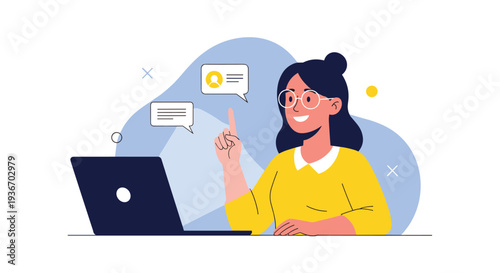 Smart woman with glasses working on her laptop with message icons appearing nearby representing communication and digital work.