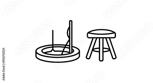 Line Art Drawing of Traditional Potter's Wheel and Stool, Ceramic Craft Tools Isolated White Background