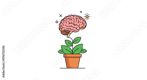 Creative illustration of a pink human brain growing like a plant from a green leafy stem in a brown terracotta pot.