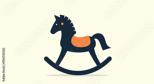 Classic dark blue rocking horse toy with an orange saddle and tail details standing against a light cream background.