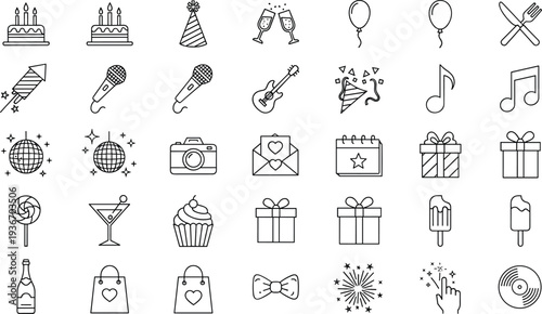 Party and celebration line icon set with birthday cake, balloons, champagne, gifts, fireworks, music, and festive event symbols vector illustration