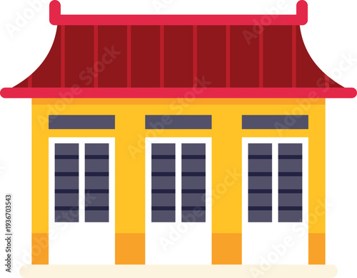 Traditional asian shophouse building featuring red roof and yellow facade