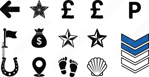 Assorted symbols icon set arrow star currency location footprint shell badge vector collection pack