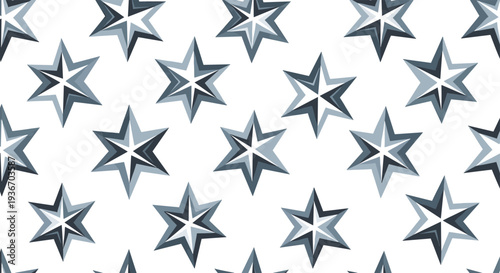 Seamless geometric pattern of six pointed stars with blue and grey facets creating a modern 3D crystalline effect.