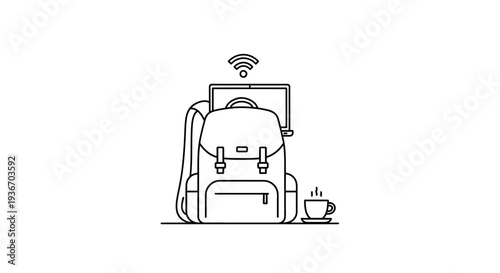 Modern backpack with an open laptop, wireless WiFi symbol, and coffee cup, symbolizing remote work and connectivity, isolated white background.