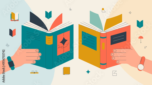 Two hands holding open books with colorful pages and bookmarks surrounded by floating symbols and icons on a light background representing learning and knowledge