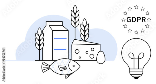 GDPR concept. GDPR ensures the protection of personal data in food and tech industries. GDPR impacts dairy, seafood, and innovative solutions. For data security, food safety, tech development
