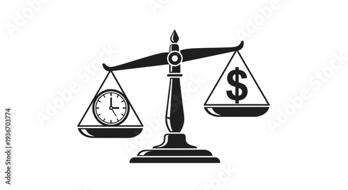 Black silhouette of balanced scales weighing a clock against a dollar sign bag symbolizing time management and money.