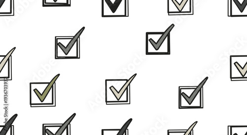 Hand drawn seamless pattern of square checkboxes with dark grey checkmarks on a white background representing completion.