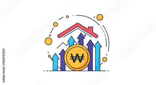 Financial concept showing a Korean Won coin in front of rising blue and purple arrows under a protective house roof.