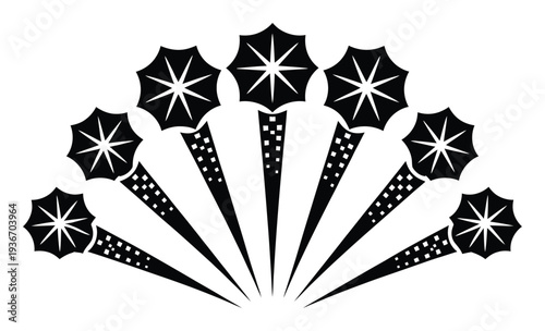 Stylized Black Fan with Starbursts and Geometric Patterns