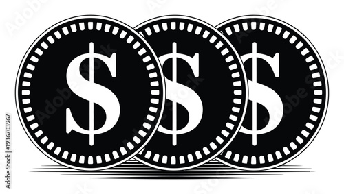 Three Black Coins with White Dollar Signs