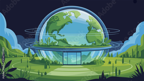 Futuristic eco friendly earth globe with green landscape and modern architecture under a dark night sky with clouds
