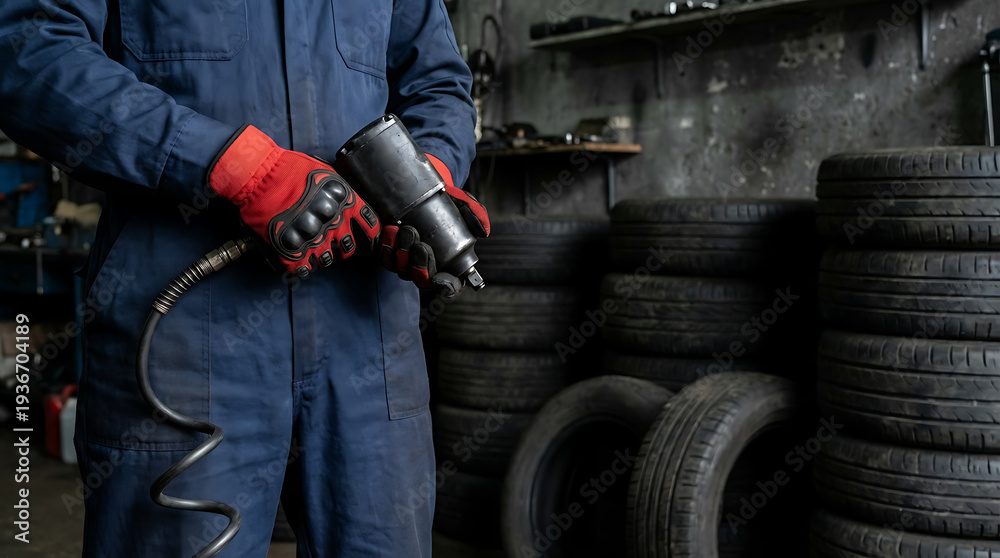 Fototapeta premium Mechanic in blue uniform using impact wrench in garage