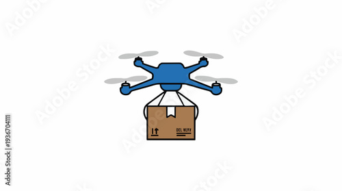 Blue drone carrying a brown cardboard package in the air against a white background symbolizing future delivery and logistics
