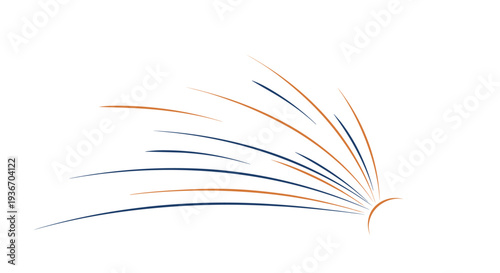Abstract composition of sweeping arched lines in navy blue and orange radiating from a curved base on a white background.