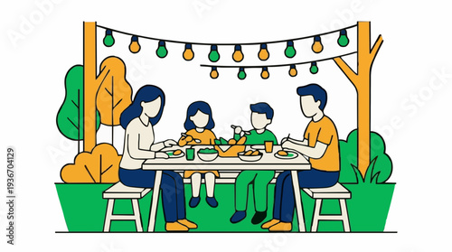 Family Enjoying Outdoor Meal Under String Lights With Green Trees And Yellow Bushes In The Background And Blue Sky Above