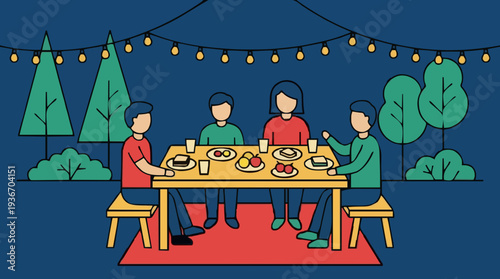 Family Gathering Enjoying Outdoor Evening Meal Under String Lights Amidst Lush Greenery and Tall Trees at Dusk
