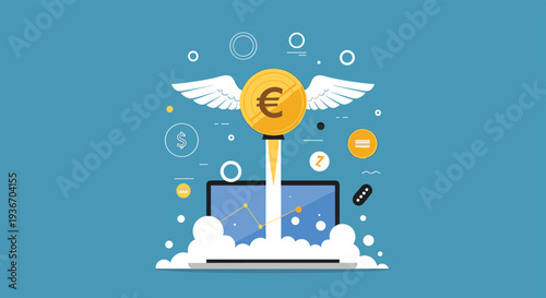Creative concept showing a gold Euro coin launching like a rocket from a laptop screen into a sky of financial icons.