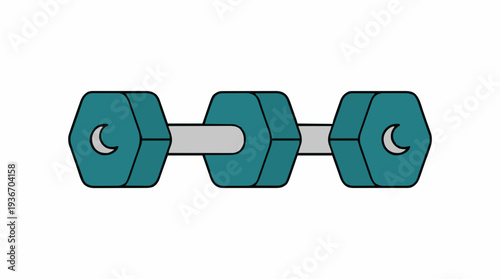 Three Teal Hexagonal Dumbbell Weights Connected By A Gray Bar On A White Background With Crescent Moon Shapes On Ends