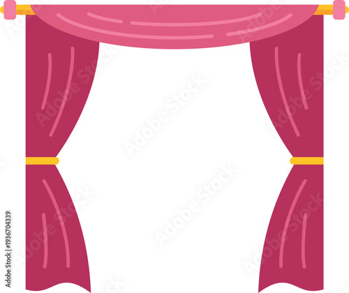 Pink draped curtains hanging from a gold rod set against a white background