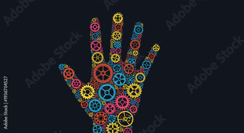 Silhouette of a human hand filled with colorful interlocking gears and mechanical wheels against a dark blue background representing innovation.