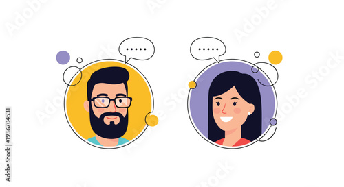 Illustration of a bearded man and a smiling woman in circular frames with speech bubbles indicating a conversation or social interaction.