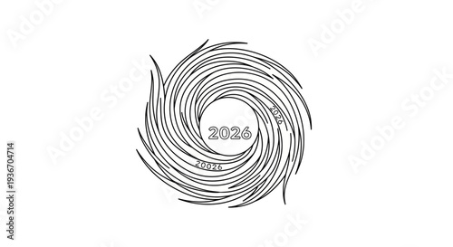 Abstract swirling vortex lines with the year 2026 in the center, isolated white background.