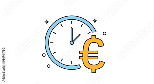 Colorful icon featuring a blue clock face with a yellow Euro currency symbol representing the concept of time being money or hourly wages.