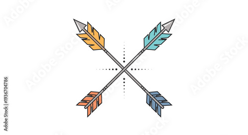Two crossed arrows with multicolored feathers and metallic tips decorated with small dots on a clean white background for a tribal look.