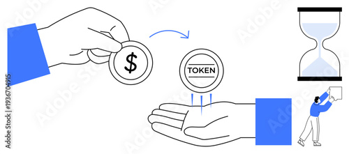 Tokenization concept. Currency exchanged for tokens and time value with symbols. Tokenization ensures secure and efficient digital transactions. Ideal for finance, technology, blockchain, payments