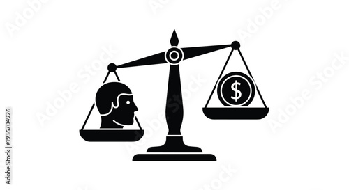 Conceptual illustration of justice scales balancing a human head silhouette on one side and a dollar coin on the other for ethical value.
