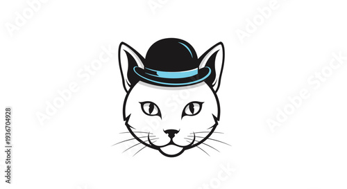 Stylish illustration of a white cat head wearing a black bowler hat with a blue band, looking sophisticated against a white background.
