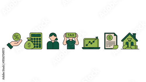 Tax icons vector illustration with various financial symbols and signs