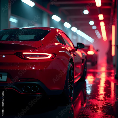 Sleek red sports car parked in a dark underground garage, cinematic style, wet reflective floor, concept of luxury and speed