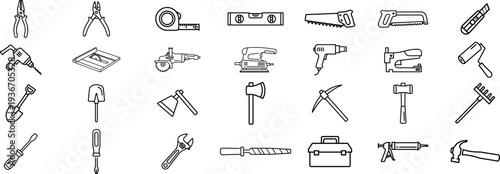 Tools Line Icons Set Construction Repair Equipment Outline Vector Collection Hammer Wrench Drill Saw Toolbox Minimal Icon Pack for UI UX Web App Design Graphic Resources