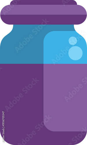 Medicine bottle containing liquid in a purple and blue color scheme