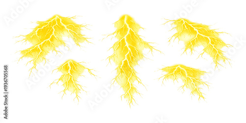 Abstract dynamic electric bolts in radiant yellow, crackling with intense energy, isolated against a bright background, perfect for adding electrifying impact to any design.