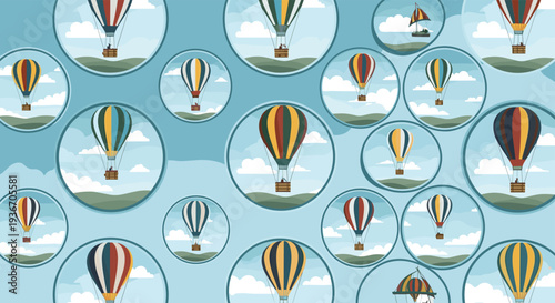 Whimsical pattern showing colorful hot air balloons inside light blue circular bubbles floating in a sky background with soft white clouds.